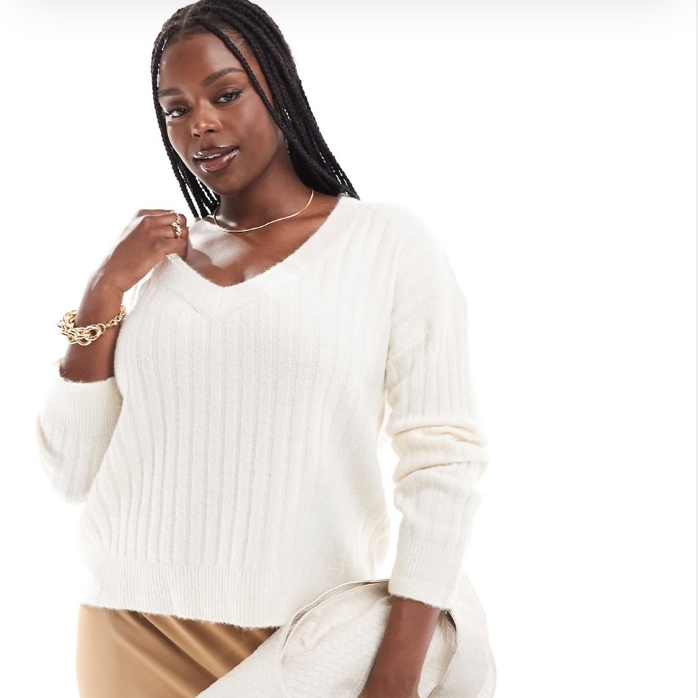 ASOS DESIGN Curve v neck ribbed sweater in cream